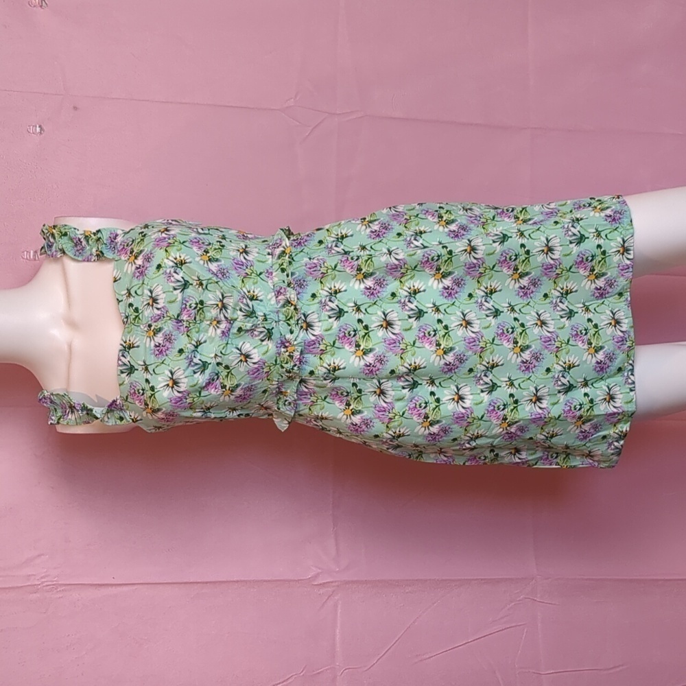Nasty Gal Green and Purple Daisy Print Frill Waist and Straps Mini Dress Size 2